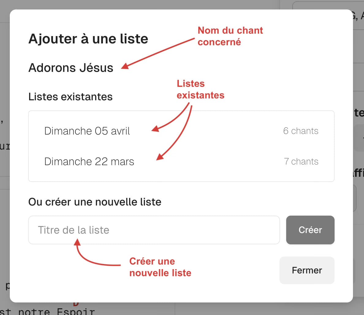 Fenêtre ajouter à une liste avec listes existantes et création d'une nouvelle liste.