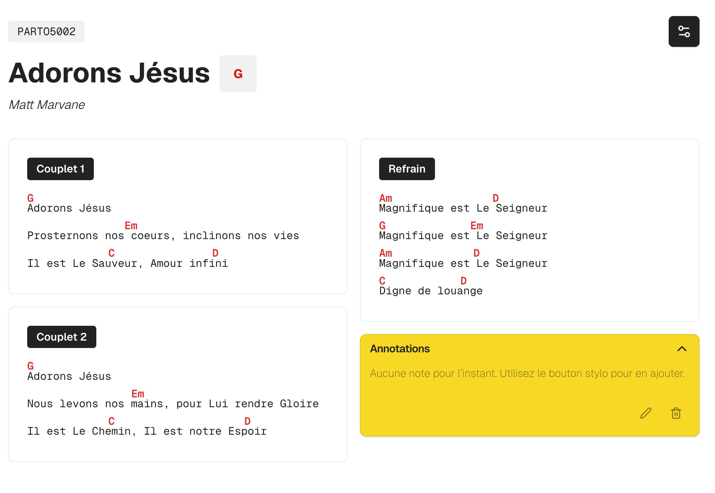 Annotation intégrée dans la fiche d'un chant.