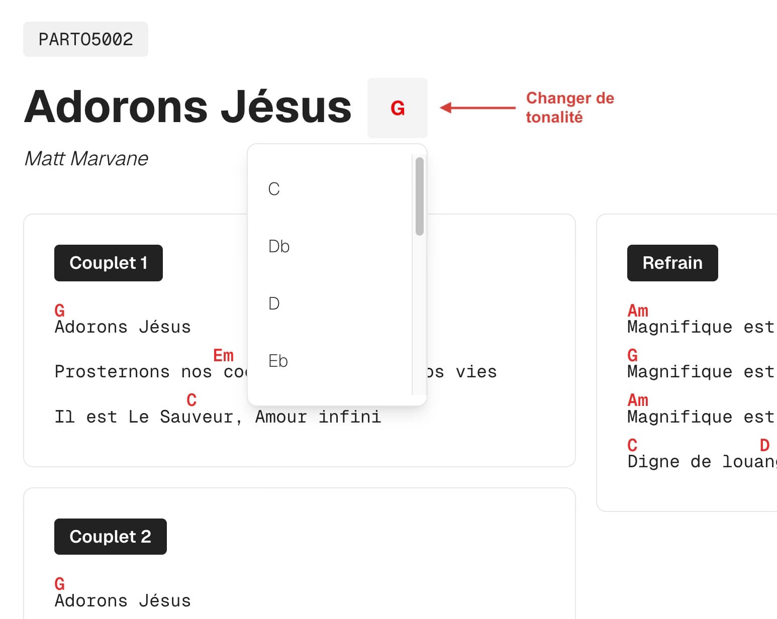 Menu de changement de tonalité ouvert sur la fiche chant.