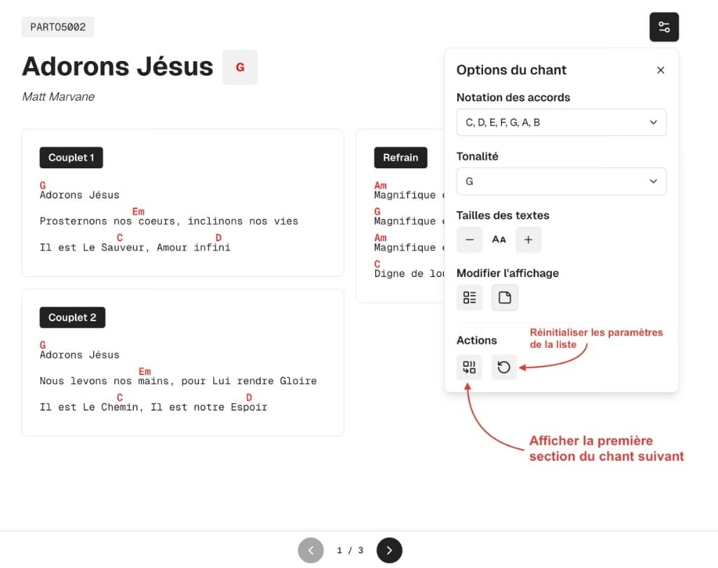 Options du chant en mode lecture avec actions liées à la liste.