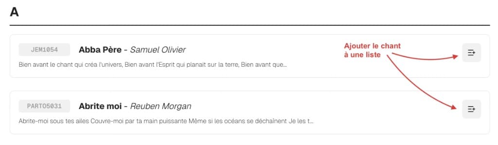 Bouton d'ajout direct d'un chant à une liste depuis la page chants.