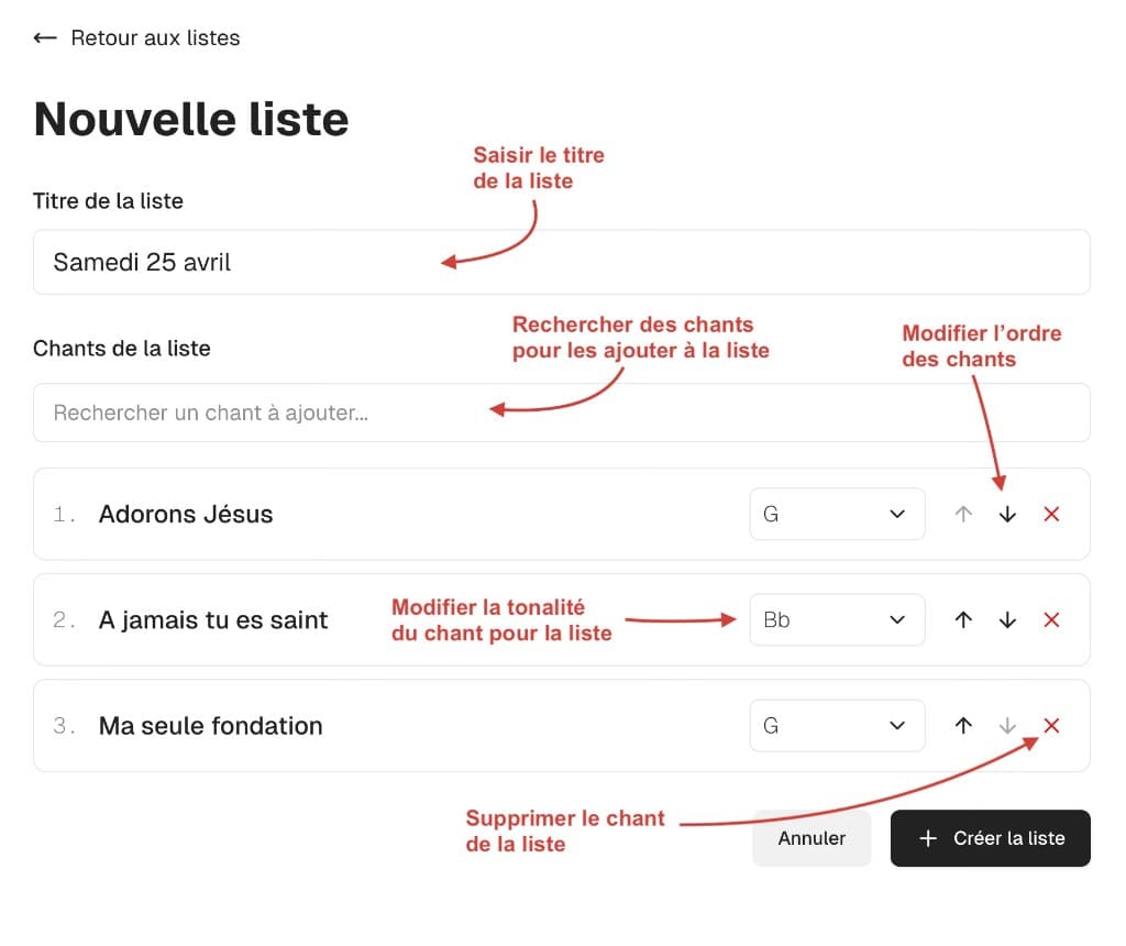 Formulaire de création de liste avec chants, tonalités et ordre.