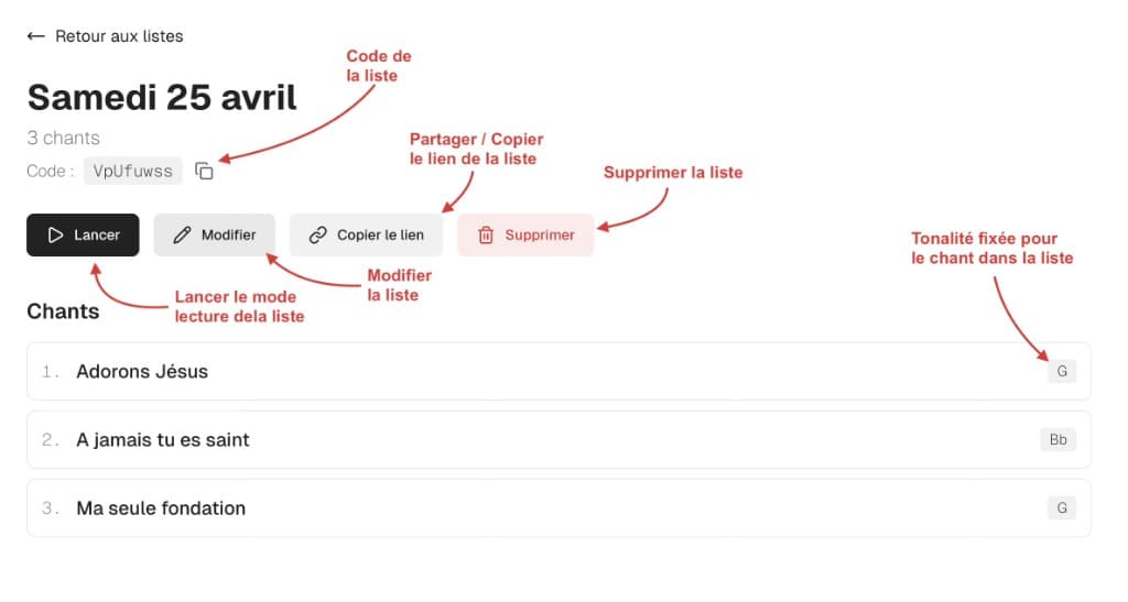 Écran de détail d'une liste avec code, partage et actions.