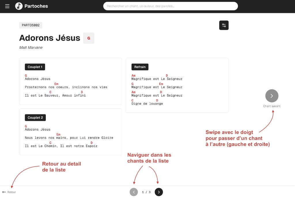 Mode lecture d'une liste avec contrôles de navigation.