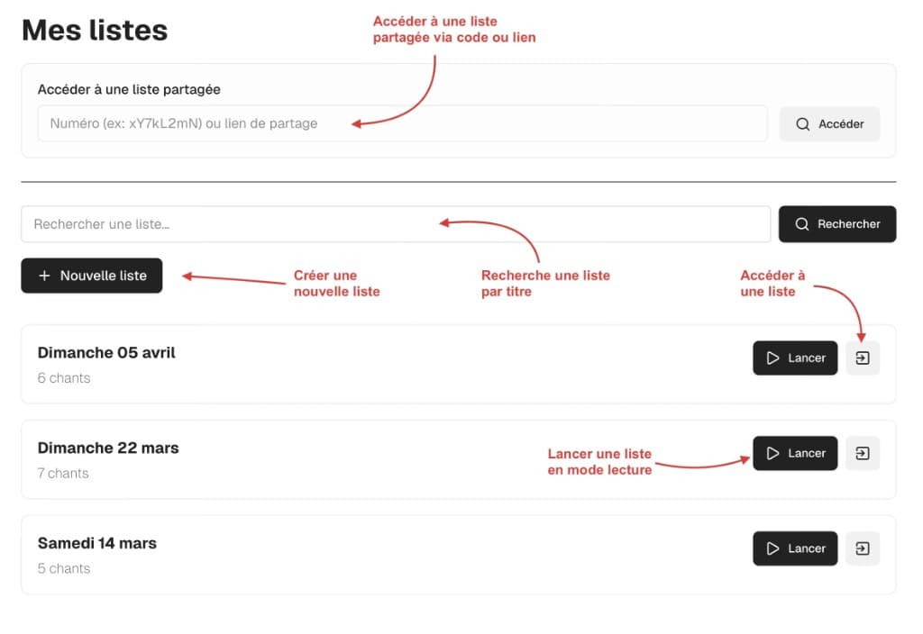 Page Mes listes avec actions de recherche, accès et lancement.