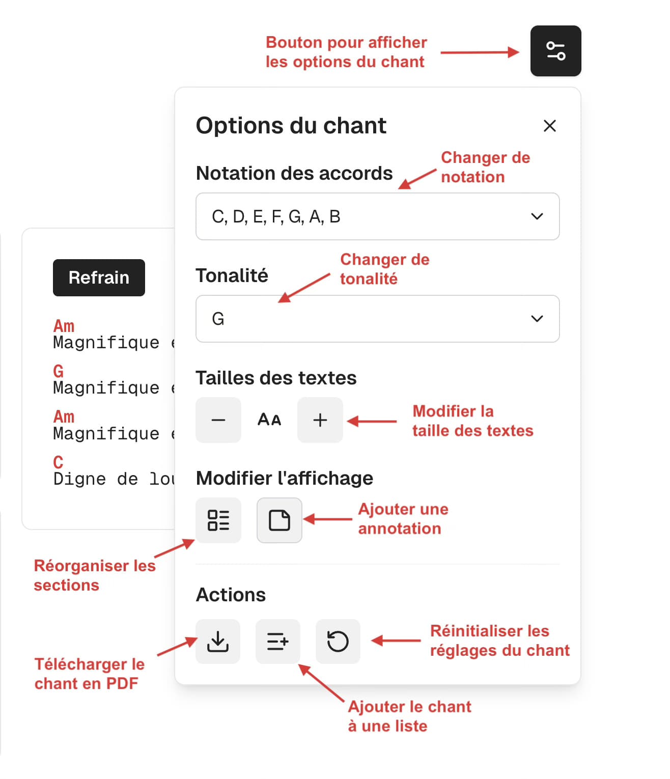Menu options du chant avec les différents réglages disponibles.