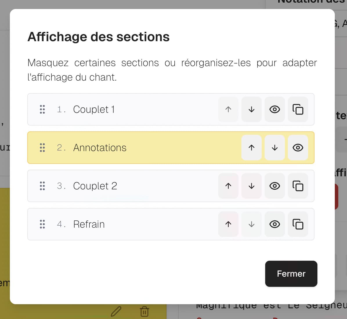 Annotation dans la fenêtre de réorganisation des sections.