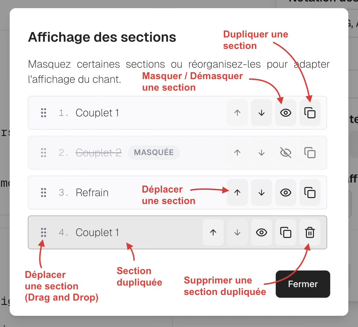 Fenêtre de réorganisation des sections avec actions de déplacement, masquage et duplication.
